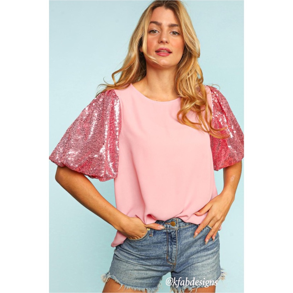 LAST 1! Bubble Gum Pink Puff Sequined Sleeve (Lined Sleeve) Top! - Picture 7 of 10